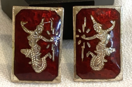 Vintage Thai (Siam) Earrings Red Enamel with Sterling Silver Inlay Recta... - $37.99