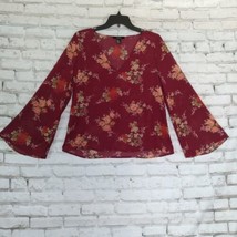 Forever 21 Blouse Women Medium Red Floral V Neck Long Sleeve Sheer Boho Prairie - £11.95 GBP