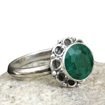 Natural Emerald Ring-Sterling Silver Ring-Round Emerald Ring-Designer Ring Women - £22.48 GBP
