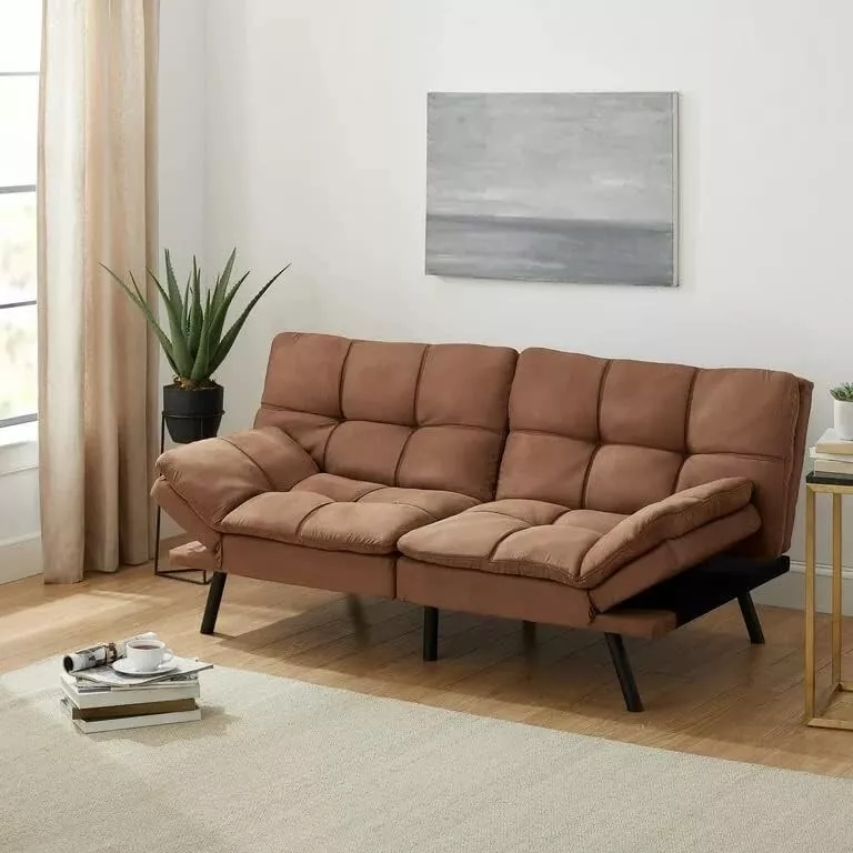 Brown Memory Foam Fabric Futon Sleeper Sofa Bed: Modern Recliner Couch - £223.35 GBP