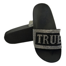 NWT TRUE RELIGION MSRP $69.99 RHINESTONES MEN&#39;S BLACK SLIP ON SLIDES SAN... - £27.84 GBP