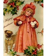 Early 1900s Christmas Postcard Victorian Girl With Snowballs And Bulldog - £17.01 GBP