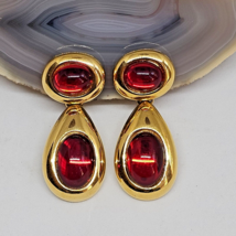 Vintage NAPIER Red Cabochon Lucite Earrings - Gold Tone Drop Dangle Screw Back - £23.94 GBP