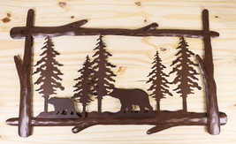 23&quot;L Rustic Forest Black Bear And Cub By Pine Trees Metal Wall Art Sign Plaque - £34.35 GBP