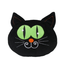 Halloween Black Cat Head Plush Pillow With Green Eyes 12&quot; Wide Decoration Throw - £7.94 GBP