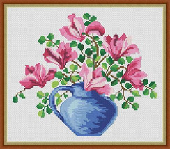 Pink Magnolia Floral Bouquet in the Blue Vase Counted Cross Stitch Patte... - $5.00