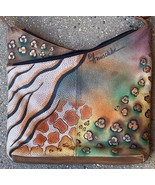 Anuschka Leather Hobo Bag Animal Print V Top Leaves Shoulder Purse Hand Painted - $74.25