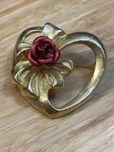 Vintage Gold Tone Heart Rose Ribbon Brooch Pin Estate Jewelry Find KG JD - £9.41 GBP