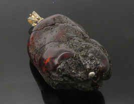925 Sterling Silver - Vintage Rough Dark Amber Stone Drop Pendant - PT11110 - £90.90 GBP