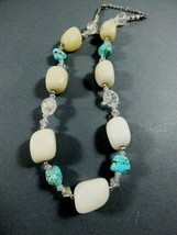 White &amp; Clear Quartz &amp;  Turquoise nugget beads silver tone clasp necklace 18&quot; L - £18.99 GBP