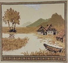 Boat Needlepoint Finished Gold Farmhouse Country Mission Arts &amp; Craft Water Vtg - £31.21 GBP