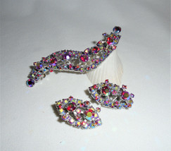 Warner Aurora Borealis Rhinestone Brooch Pin &amp; Clip on Earrings Vintage ... - $74.25