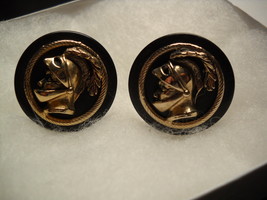 Swank Cuff Links Wooden Black Base with Raised Knight Cameo Gold Colored Metal - $12.99