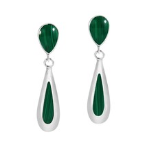 Sleek and Slender Teardrops Green Malachite Sterling Silver Post Drop Earrings - £13.86 GBP