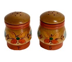 Vintage Floral Salt &amp; Pepper Shakers 60s Wooden Mini 2” Inch W/ Lids Brown - $13.87