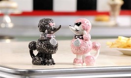 Retroflection Poodle Salt and Pepper Shaker Set Pink Black Ceramic 3.8&quot; High - £19.35 GBP