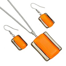 Orange Jewelry Set Handmade Necklace and Earrings Czech Glass with Platinum - £55.32 GBP