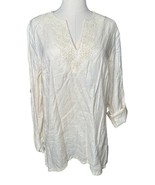 Lands End Shirt Womens Ivory Linen Lagenlook Coastal Beaded Swim Cover T... - $34.64