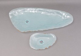 Annieglass Signed Tiburon Coquina Shell Series Art Glass Gold  Rim Tray Set Of 2 - £159.86 GBP