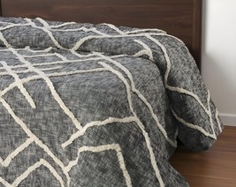 Charcoal and Off White Geometric Twin Cotton Coverlet With Fringe - $2,543.28 MXN