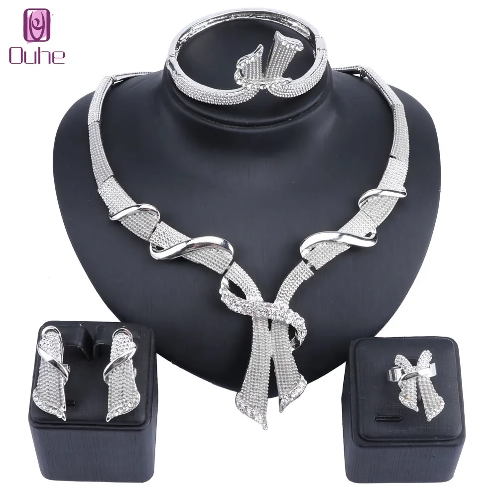 Dubai Silver Color Crystal Jewelry Sets Wholesale Bridal Accessories Nigerian We - $35.49