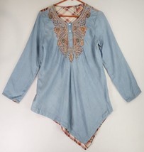 Soft Surroundings Shirt Womens XS Tunic Blue Embroidered Plaid Casual Tunic Top - £31.18 GBP