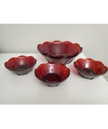 Ruby Red Glass Flower Shaped Bowl Scalloped Edges W/ Three Small Matchin... - £18.38 GBP