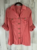 Dress Barn 100% Linen Shirt Coral Medium Big Button Utility Roll Tab Sleeve READ - £11.60 GBP