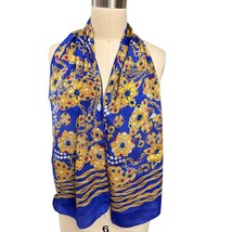 VTG 1980s Honey Silk Scarf Royal Blue Baroque Jeweled Chain Print Made I... - $44.50