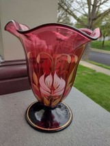 Fenton Cranberry  Hand Painted Vase  9 in Tall limited Edition  - $275.00