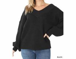 Balloon Sleeve Wide V-Neck Sweater - $28.00