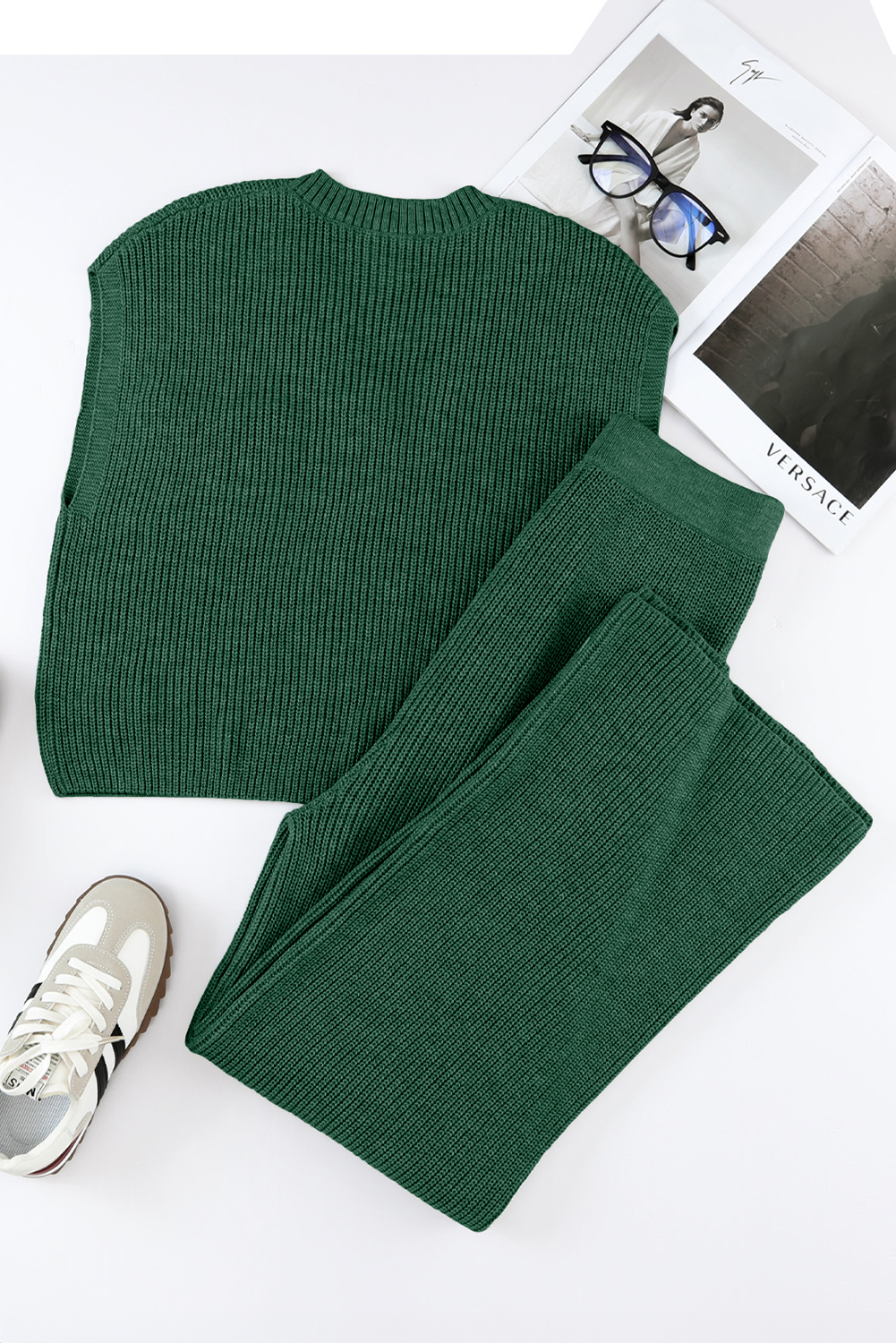 Green Knitted V Neck Sweater and Casual Pants Set Item image 4
