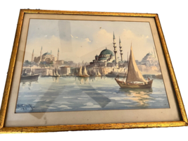 Antique 1938 Serif Renkgorur Watercolor Painting Istanbul Turkey Signed Harbor - £467.08 GBP
