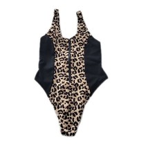 Revamped One Piece Zip Front Swimsuit ~ Black &amp; Beige Cheetah Print ~ Sz XL - £14.11 GBP