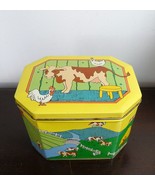 Vintage Farm Animal Metal Tin, Hinged Lid Hexagon Box, Cow Rooster Chickens - £17.25 GBP