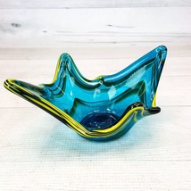 Vintage Stretched Freeform Art Glass Blue &amp; Yellow 7 x 5 x 4&quot; Dish Bowl ... - $77.59