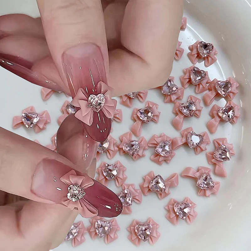 10 Pcs 3D Resin Bowknot Nail Decoration Rhinestone Heart Diamond Pink Ribbon Bow - £7.33 GBP+