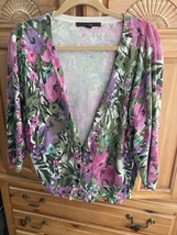 Fever MultiColor Knit Top Deep V Neck Button Front Floral Print Wonen’s ... - $24.99