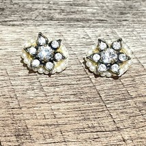 2 Identical Vintage Clear Crystal  Flower In Oval Faux Pearl Brooch Cuff Collar - £7.32 GBP