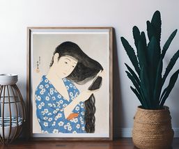 Japanese Woman in Blue Kimono Vintage Goyo Art Poster Print  14 x 18 in - £18.07 GBP