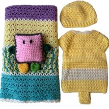 Crocheted Baby Crib Blanket Jumper Hat Grannycore Shower Gift 42&quot; Handmade - £21.57 GBP