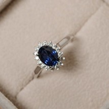 2.30 Ct Oval Blue Sapphire and Round Cut Cz Halo Engagement Ring Gift 925 Silver - £91.80 GBP