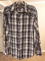 Roar Men&#39;s Long Sleeve Button Front Shirt Gray Plaid Embroidered Size XL - £15.68 GBP