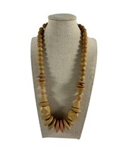 Wood Beaded Necklace Tribal Ethnic Chunky Textured African Style Brown 25&quot; Long - £14.42 GBP