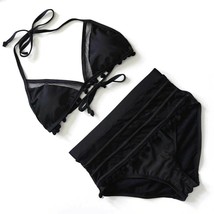 Black XL High Waist Halter Retro Pom Pom Mesh Hollow Out String Swimsuit  - $19.35