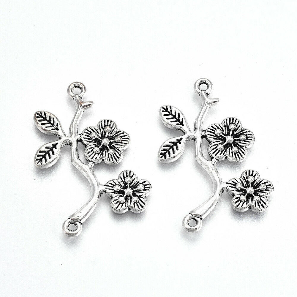 2 Flower Branch Connector Charms Cherry Blossom Antiqued Silver Link Pen... - $3.19