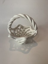Vintage White Ceramic Woven Basket With Handle Lattice 5&quot; Tall - £6.41 GBP