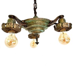 Antique Chandelier Pan Light 3 Lights Copper Verdigris 1920s - £217.05 GBP