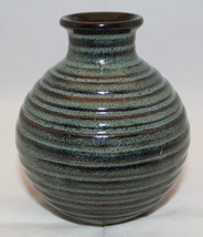 Studio Art Pottery Artist Signed Flower Dark Color Vase Stripes 11cm 4.2... - $37.62