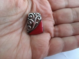 Sterling Silver Red CORAL Pen FILIGREE SCROLL Pendant - $16.82